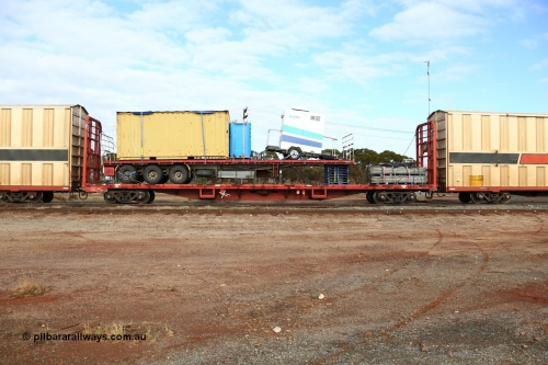 160525 4560
Parkeston, SCT train 3PG1 which operates from Perth to Parkes NSW (Goobang Junction), originally built by Victorian Railways Ballarat North Workshops in March 1980 as one of seventy five VQCX type container flat waggons built, now in private ownership and reclassed PQCY type, PQCY 959 is now fitted with bulkheads and loaded with a truck flat deck with a collection of items.
Keywords: PQCY-type;PQCY959;Victorian-Railways-Ballarat-Nth-WS;VQCX-type;