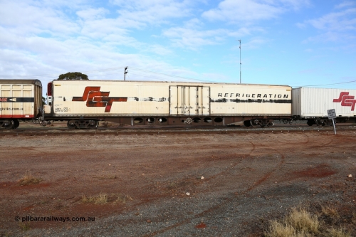 160525 4567
Parkeston, SCT train 3PG1 which operates from Perth to Parkes NSW (Goobang Junction), ARFY type ARFY 2228 refrigerated van with a Ballarat built Maxi-CUBE body mounted on an original Commonwealth Railways ROX container waggon built by Comeng Victoria in 1970, recoded to AFQX, AQOY and RQOY before having the Maxi-CUBE refrigerated body added circa 1998 for SCT service.
Keywords: ARFY-type;ARFY2228;Maxi-Cube;Comeng-Vic;ROX-type;AQOX-type;