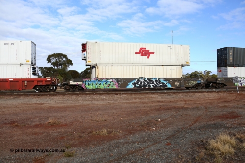 160525 4572
Parkeston, SCT train 3PG1 which operates from Perth to Parkes NSW (Goobang Junction), CFCLA lease CQWY type well waggon set CQWY 5038-2 with a former Macfield 40' reefer MGCU 681005 and a 48' SCT reefer SCTR 210. The CQWY was built by Bluebird Rail Operations in South Australia in 2008 as a batch of sixty pairs.
Keywords: CQWY-type;CQWY5038;CFCLA;Bluebird-Rail-Operations-SA;