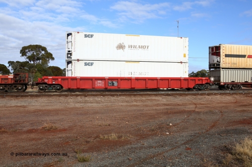 160525 4583
Parkeston, SCT train 3PG1 which operates from Perth to Parkes NSW (Goobang Junction), PWXY type PWXY 0005 one of twelve well waggons built by CSR Meishan Rolling Stock Co of China for SCT in 2008, loaded with two former Wilmot Freeze Haul 48' MFRG type reefer containers, now SCF units SCFU 814058 and SCFU 814042.
Keywords: PWXY-type;PWXY0005;CSR-Meishan-China;