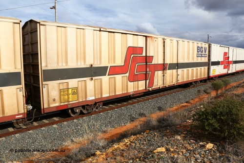 160526 5301
West Kalgoorlie, SCT train 3MP9 operating from Melbourne to Perth, PBHY type covered van PBHY 0026 Greater Freighter, one of thirty five units built by Gemco WA in 2005 without the Greater Freighter signage but with Big W We Sell For Less logo.
Keywords: PBHY-type;PBHY0026;Gemco-WA;