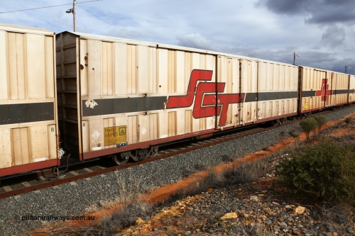 160526 5324
West Kalgoorlie, SCT train 3MP9 operating from Melbourne to Perth, PBHY type covered van PBHY 0009 Greater Freighter, one of thirty five units built by Gemco WA in 2005 without the Greater Freighter signage.
Keywords: PBHY-type;PBHY0009;Gemco-WA;