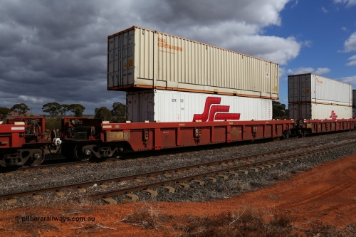 160529 8886
Parkeston, SCT train 6MP9 operating from Melbourne to Perth, PWWY type PWWY 0010 one of forty well waggons built by Bradken NSW for SCT, loaded with a 40' RFRA type SCT reefer SCTR 132 and a 48' MFG1 Rail Containers unit SCFU 912321 with SCT decals.
Keywords: PWWY-type;PWWY0010;Bradken-NSW;