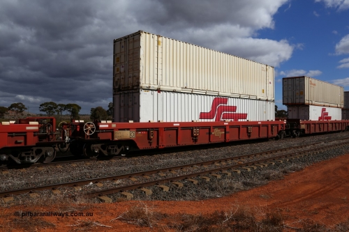 160529 8887
Parkeston, SCT train 6MP9 operating from Melbourne to Perth, PWWY type PWWY 0009 one of forty well waggons built by Bradken NSW for SCT, loaded with a 48' MFGB SCT box SCTL 004331 with former FCL 48' FQDU 480035.
Keywords: PWWY-type;PWWY0009;Bradken-NSW;