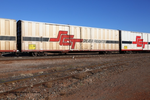 160530 9103
Parkeston, SCT train 1PM9 operates mostly empty from Perth to Melbourne, PBHY type covered van PBHY 0006 Greater Freighter, one of thirty five units built by Gemco WA in 2005 with the 'Greater Freighter' signage.
Keywords: PBHY-type;PBHY0006;Gemco-WA;