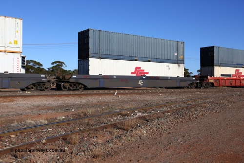 160530 9113
Parkeston, SCT train 1PM9 operates mostly empty from Perth to Melbourne, CFCLA lease CQWY type well waggon set CQWY 5004-2 with a 48' SCT reefer SCTR 208 and a plain blue 48' MFG1 type box SCFU 407049 with SCT decals. The CQWY was built by Bluebird Rail Operations in South Australia in 2008 as a batch of sixty pairs.
Keywords: CQWY-type;CQWY5004;CFCLA;Bluebird-Rail-Operations-SA;
