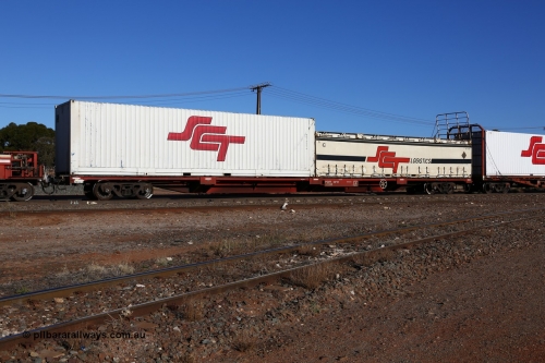 160530 9117
Parkeston, SCT train 1PM9 operates mostly empty from Perth to Melbourne, Gemco WA built PQIY type 80' container flat PQIY 0030 loaded with 40' SCT box SCT 40214, 40' SCT curtainsider SCT 1029 and an empty unidentified white 40' flatrack.
Keywords: PQIY-type;PQIY0030;Gemco-WA;