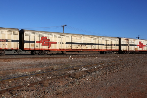 160530 9123
Parkeston, SCT train 1PM9 operates mostly empty from Perth to Melbourne, ABSY type covered van ABSY 4463, one of a batch of fifty made by Comeng WA as VFX type 75' covered vans 1977, recoded to ABFX then ABFY type, when Gemco WA upgraded it to ABSY type, seen here with the silver corrugated roof fitted.
Keywords: ABSY-type;ABSY4463;Comeng-WA;VFX-type;ABFX-type;RBFX-type;ABFY-type;