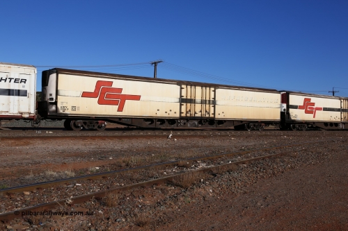 160530 9126
Parkeston, SCT train 1PM9 operates mostly empty from Perth to Melbourne, ARFY type ARFY 2396 refrigerated van with a New Zealand built Fairfax body mounted on an original Commonwealth Railways ROX container waggon built by Perry Engineering SA in 1971, recoded to RQX, AFQX, AQOY, and RQOY before having the Fairfax refrigerated body added circa 1998 for SCT service.
Keywords: ARFY-type;ARFY2396;Fairfax-NZL;Perry-Engineering-SA;ROX-type;AQOY-type;