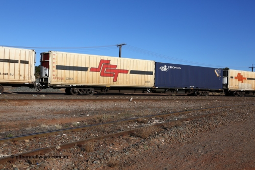 160530 9141
Parkeston, SCT train 1PM9 operates mostly empty from Perth to Melbourne, originally built by Victorian Railways Bendigo Workshops in 1984 as one of fifty VQDW type 'Jumbo' Container Flat waggons built, PQDY 62 still in Freight Australia green livery loaded with an SCT 40' reefer SCTR 045 and an 4EG1 type 40' Cronos box CXSU 120522.
Keywords: PQDY-type;PQDY62;Victorian-Railways-Bendigo-WS;VQDW-type;