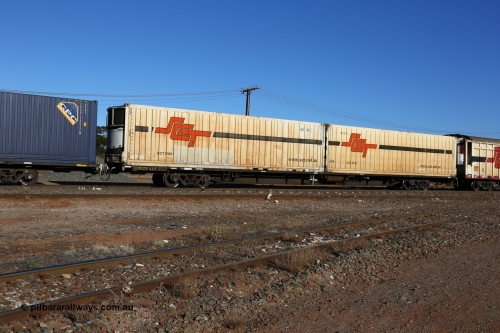 160530 9142
Parkeston, SCT train 1PM9 operates mostly empty from Perth to Melbourne, originally built by Victorian Railways Bendigo Workshops in 1984 as one of fifty VQDW type 'Jumbo' Container Flat waggons built, PQDY 42 still in Freight Australia green livery loaded with a pair of SCT 40' reefers SCTR 001 and SCTR 013 with former code FQRU 402012 visible.
Keywords: PQDY-type;PQDY42;Victorian-Railways-Bendigo-WS;VQDW-type;
