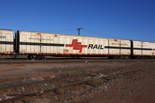 160530 9153
Parkeston, SCT train 1PM9 operates mostly empty from Perth to Melbourne, PBGY type covered van PBGY 0154 Multi-Freighter, one of eighty units built by Gemco WA, with Independent Brake signage.
Keywords: PBGY-type;PBGY0154;Gemco-WA;
