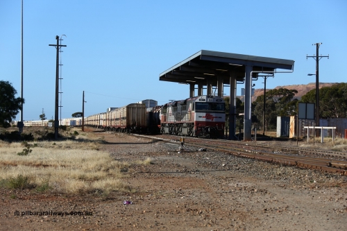 160530 9162
Parkeston, SCT train 7GP1 which operates from Parkes NSW (Goobang Junction) to Perth prepares to depart the mainline behind SCT class SCT 013 serial 08-1737 an EDI Downer built EMD model GT46C-ACe and sister loco SCT 001 with 71 waggons for 5275 tonnes and 1679 metres, as opposing train 1PM9 runs in clear on the loop. May 30, 2016.
Keywords: SCT-class;SCT013;EDI-Downer;EMD;GT46C-ACe;08-1737;
