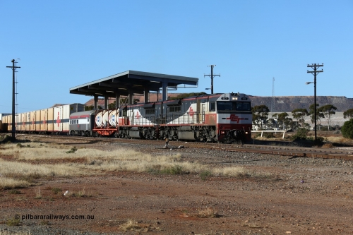 160530 9164
Parkeston, SCT train 7GP1 which operates from Parkes NSW (Goobang Junction) to Perth departs on the mainline behind SCT class SCT 013 serial 08-1737 an EDI Downer built EMD model GT46C-ACe and sister loco SCT 001 with 71 waggons for 5275 tonnes and 1679 metres.
Keywords: SCT-class;SCT013;EDI-Downer;EMD;GT46C-ACe;08-1737;
