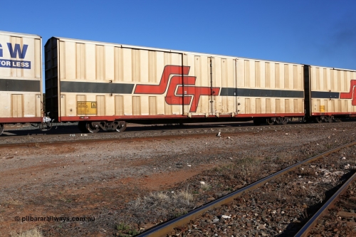160530 9173
Parkeston, SCT train 7GP1 which operates from Parkes NSW (Goobang Junction) to Perth, PBHY type covered van PBHY 0035 Greater Freighter, final unit of thirty five units built by Gemco WA in 2005 without the Greater Freighter signage.
Keywords: PBHY-type;PBHY0035;Gemco-WA;