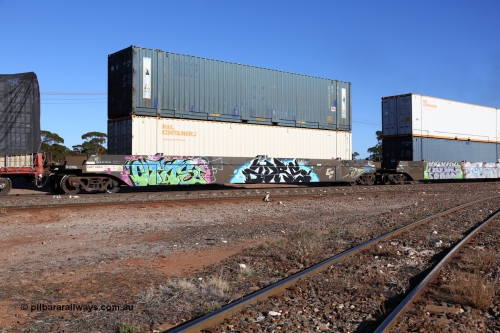 160530 9179
Parkeston, SCT train 7GP1 which operates from Parkes NSW (Goobang Junction) to Perth, CFCLA lease CQWY type well waggon set CQWY 5038-2 with two 48' MFG1 type boxes, Rail Containers SCFU 912607 and plain blue Royal Wolf RWTU 922046 both with SCT decals. The CQWY was built by Bluebird Rail Operations in South Australia in 2008 as a batch of sixty pairs.
Keywords: CQWY-type;CQWY5038;CFCLA;Bluebird-Rail-Operations-SA;