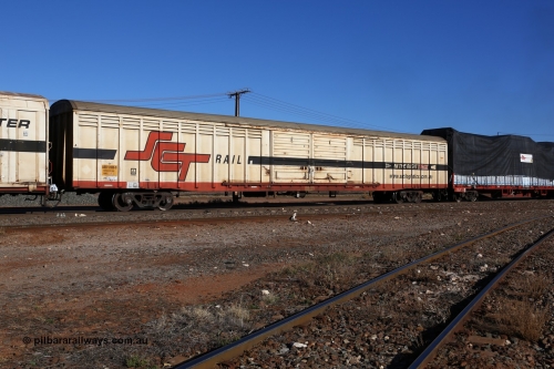 160530 9182
Parkeston, SCT train 7GP1 which operates from Parkes NSW (Goobang Junction) to Perth, ABSY type ABSY 2808 covered van, originally built by Carmor Engineering SA in 1976 as a VFX type covered van for Commonwealth Railways, recoded to ABFX and converted from ABFY by Gemco WA in 2004/05 to ABSY.
Keywords: ABSY-type;ABSY2808;Carmor-Engineering-SA;VFX-type;ABFY-type;