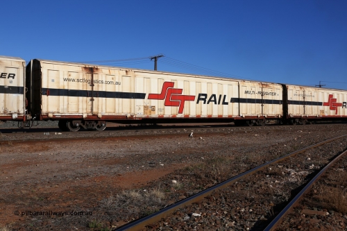 160530 9185
Parkeston, SCT train 7GP1 which operates from Parkes NSW (Goobang Junction) to Perth, PBGY type covered van PBGY 0141 Multi-Freighter, one of eighty units built by Gemco WA, with Independent Brake signage.
Keywords: PBGY-type;PBGY0141;Gemco-WA;