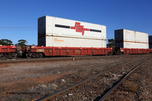 160530 9213
Parkeston, SCT train 7GP1 which operates from Parkes NSW (Goobang Junction) to Perth, PWWY type PWWY 0005 one of forty well waggons built by Bradken NSW for SCT, loaded with two 48' MFG1 type boxes, Rail Containers SCFU 412559 and SCT SCTDS 4845.
Keywords: PWWY-type;PWWY0005;Bradken-NSW;