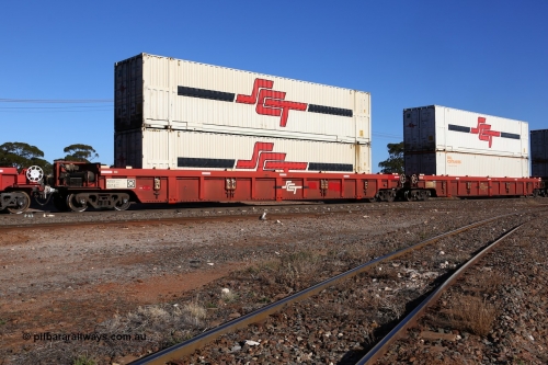 160530 9214
Parkeston, SCT train 7GP1 which operates from Parkes NSW (Goobang Junction) to Perth, PWWY type PWWY 0007 one of forty well waggons built by Bradken NSW for SCT, loaded with two 48' MFG1 type SCT boxes, SCTDS 4829 and SCTDS 4836.
Keywords: PWWY-type;PWWY0007;Bradken-NSW;
