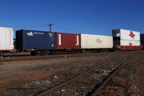 160530 9222
Parkeston, SCT train 7GP1 which operates from Parkes NSW (Goobang Junction) to Perth, originally built by Victorian Railways Newport Workshops in August 1975 as one of twenty five FCF type 'Jumbo' Container Flat waggons built, PQDY 6 still in Freight Australia green livery loaded with an SCT 40' reefer SCTR 128 and two 2EG1 type 20' boxes Grace GRRU 230218 and Cronos CXSU 115758.
Keywords: PQDY-type;PQDY6;Victorian-Railways-Newport-WS;FCF-type;FCW-type;VQDW-type;