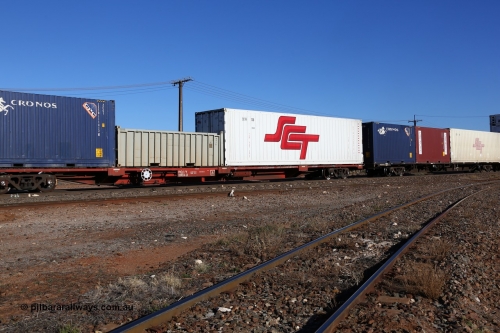160530 9223
Parkeston, SCT train 7GP1 which operates from Parkes NSW (Goobang Junction) to Perth, Gemco WA built PQIY type 80' container flat PQIY 0003 loaded with an SCT 40' RFRA type reefer SCTR 138, a half height open top 20' WH 28 and a 20' 2EG1 type Cronos box CXSU 111413.
Keywords: PQIY-type;PQIY0003;Gemco-WA;