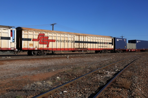 160530 9226
Parkeston, SCT train 7GP1 which operates from Parkes NSW (Goobang Junction) to Perth, ARBY type ARBY 4430 refrigerated van, originally built by Comeng WA in 1977 as a VFX type covered van for Commonwealth Railways, recoded to ABFX and converted from ABFY by Gemco WA in 2004/05 to ARBY.
Keywords: ARBY-type;ARBY4430;Comeng-WA;VFX-type;