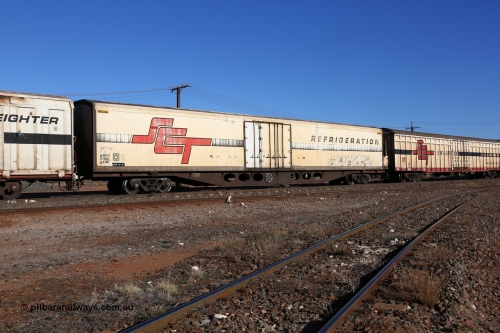 160530 9228
Parkeston, SCT train 7GP1 which operates from Parkes NSW (Goobang Junction) to Perth, ARFY type ARFY 2188 refrigerated van with a Ballarat built Maxi-CUBE body mounted on an original Commonwealth Railways ROX container waggon built by Comeng Qld in 1970, recoded to AQOX, AQOY and RQOY before having the Maxi-CUBE refrigerated body added circa 1998 for SCT service.
Keywords: ARFY-type;ARFY2188;Maxi-Cube;Comeng-Qld;ROX-type;AQOX-type;
