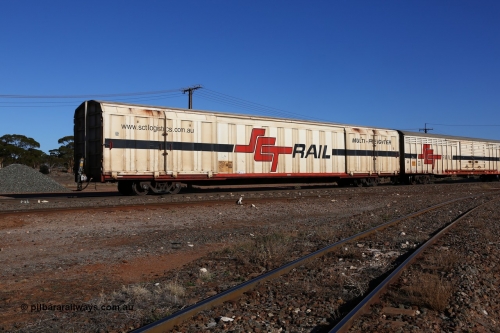 160530 9241
Parkeston, SCT train 7GP1 which operates from Parkes NSW (Goobang Junction) to Perth, PBGY type covered van PBGY 0101 Multi-Freighter, one of eighty units built by Gemco WA.
Keywords: PBGY-type;PBGY0101;Gemco-WA;
