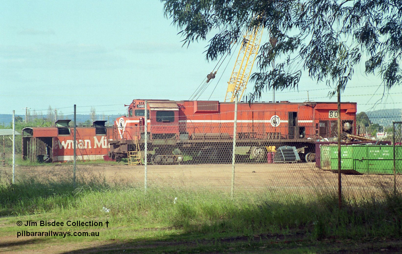 16948
Bassendean, the rear of Goninan's workshops, Mt Newman Mining's AE Goodwin built ALCo M636 unit 5480 serial G6061-1 being prepped for rebuilding into 5658. October 1993.
Jim Bisdee photo.
Keywords: 5480;AE-Goodwin;ALCo;M636C;G6061-1;