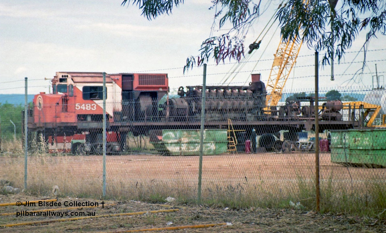 16953
Bassendean, the rear of Goninan's workshops, Mt Newman Mining's AE Goodwin built ALCo M636 unit 5483 serial G6061-4 being prepped for rebuilding into 5659 with the 251 engine and alternator visible. October 1993.
Jim Bisdee photo.
Keywords: 5483;AE-Goodwin;ALCo;M636C;G6061-4;