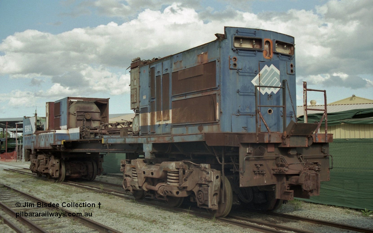 19794
Bassendean, Goninan workshops, former BHP Iron Ore Goninan GE rebuild C36-7M unit 5509, seen here stripped down to being an engine test bed, view from the no. 2 end. Sept 2003.
Jim Bisdee photo.
Keywords: 5509;Goninan;GE;C36-7M;4839-05/87-074;rebuild;AE-Goodwin;ALCo;C636;5452;G6012-1;