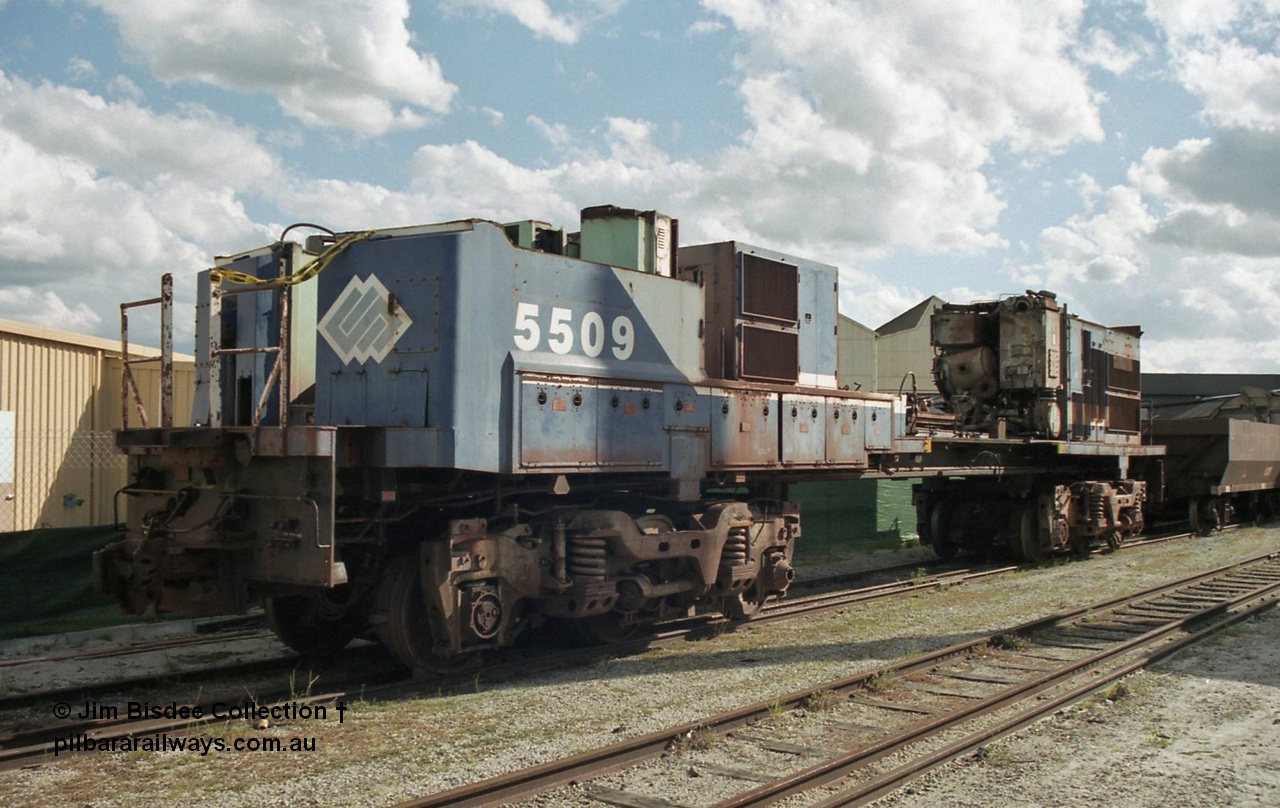 19796
Bassendean, Goninan workshops, former BHP Iron Ore Goninan GE rebuild C36-7M unit 5509, seen here stripped down to being an engine test bed, view from the no. 1 end. Sept 2003.
Jim Bisdee photo.
Keywords: 5509;Goninan;GE;C36-7M;4839-05/87-074;rebuild;AE-Goodwin;ALCo;C636;5452;G6012-1;