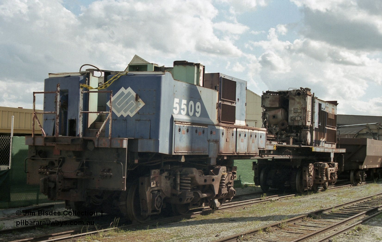 19797
Bassendean, Goninan workshops, former BHP Iron Ore Goninan GE rebuild C36-7M unit 5509, seen here stripped down to being an engine test bed, view from the no. 1 end. Sept 2003.
Jim Bisdee photo.
Keywords: 5509;Goninan;GE;C36-7M;4839-05/87-074;rebuild;AE-Goodwin;ALCo;C636;5452;G6012-1;