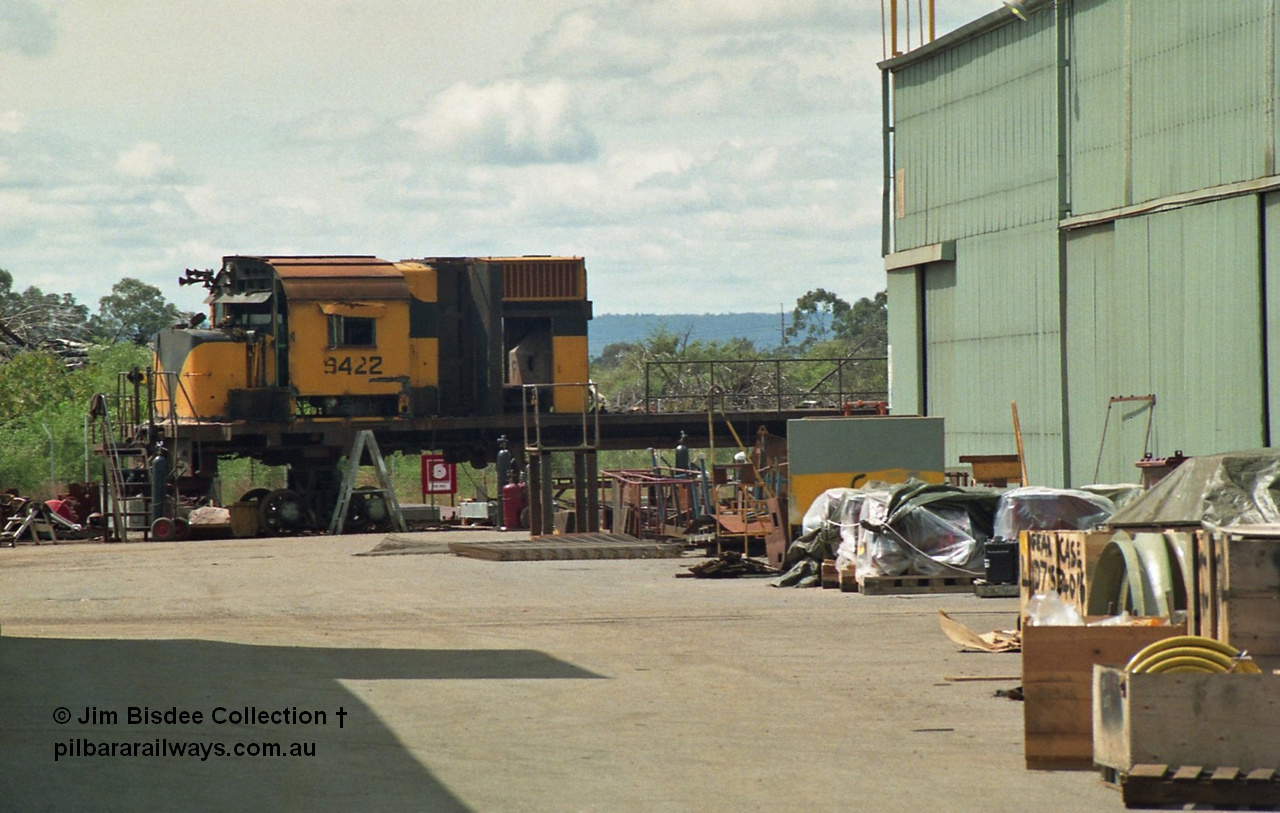 22472
Bassendean, Goninan workshops, Robe River's Comeng NSW built ALCo model M636 9422 serial C6103-2 is undergoing rebuilding into a GE CM40-8M unit, it would emerge rebuilt in March 1993. Image September 1992.
Jim Bisdee photo.
Keywords: 9422;Comeng-NSW;ALCo;M636;C6103-2;