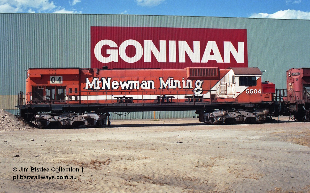 24901
Bassendean, Goninan workshops, Mt Newman Mining's Comeng NSW built ALCo M636 5504 serial C6104-2 sits out the back in a partially stripped state. This unit was subsequently scrapped. July 1995.
Jim Bisdee photo.
Keywords: 5504;Comeng-NSW;ALCo;M636;C6104-2;