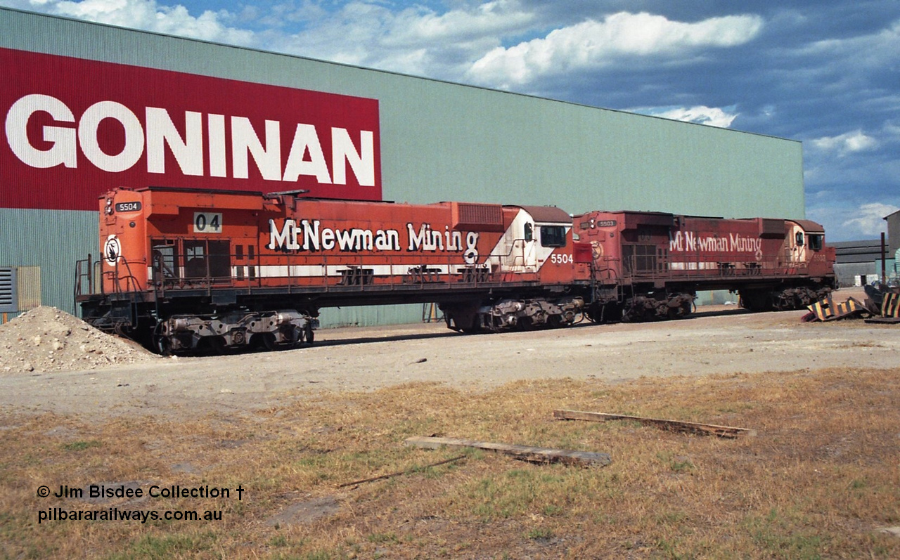 24902
Bassendean, Goninan workshops, Mt Newman Mining's Comeng NSW built ALCo M636 5504 serial C6104-2 sits out the back in a partially stripped state with fellow unit 5503. Both of these units was subsequently scrapped. July 1995.
Jim Bisdee photo.
Keywords: 5504;Comeng-NSW;ALCo;M636;C6104-2;