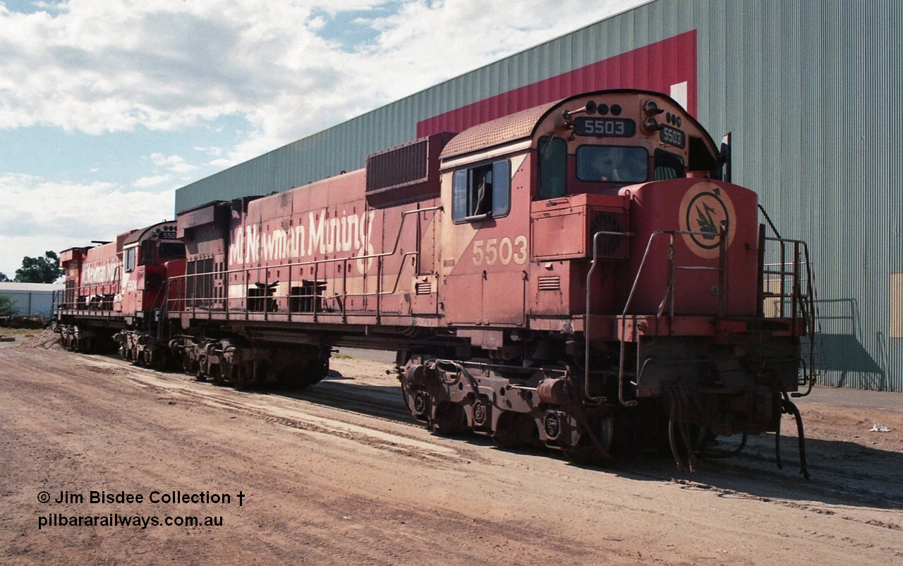 24905
Bassendean, Goninan workshops, Mt Newman Mining's Comeng NSW built ALCo M636 5503 serial C6104-1 sits out the back in a partially stripped state. This unit was subsequently scrapped. July 1995.
Jim Bisdee photo.
Keywords: 5503;Comeng-NSW;ALCo;M636;C6104-1;