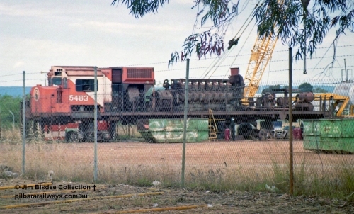 16953
Bassendean, the rear of Goninan's workshops, Mt Newman Mining's AE Goodwin built ALCo M636 unit 5483 serial G6061-4 being prepped for rebuilding into 5659 with the 251 engine and alternator visible. October 1993.
Jim Bisdee photo.
Keywords: 5483;AE-Goodwin;ALCo;M636C;G6061-4;