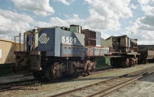 19796
Bassendean, Goninan workshops, former BHP Iron Ore Goninan GE rebuild C36-7M unit 5509, seen here stripped down to being an engine test bed, view from the no. 1 end. Sept 2003.
Jim Bisdee photo.
Keywords: 5509;Goninan;GE;C36-7M;4839-05/87-074;rebuild;AE-Goodwin;ALCo;C636;5452;G6012-1;