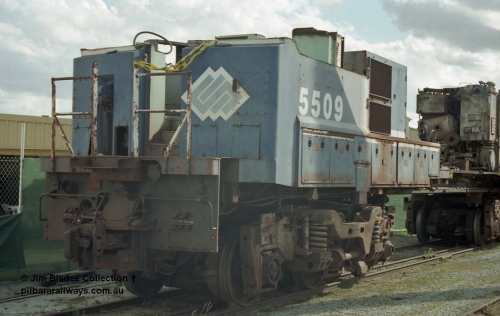 19798
Bassendean, Goninan workshops, former BHP Iron Ore Goninan GE rebuild C36-7M unit 5509, seen here stripped down to being an engine test bed, close up of front pilot. Sept 2003.
Jim Bisdee photo.
Keywords: 5509;Goninan;GE;C36-7M;4839-05/87-074;rebuild;AE-Goodwin;ALCo;C636;5452;G6012-1;