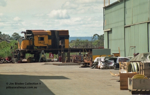 22472
Bassendean, Goninan workshops, Robe River's Comeng NSW built ALCo model M636 9422 serial C6103-2 is undergoing rebuilding into a GE CM40-8M unit, it would emerge rebuilt in March 1993. Image September 1992.
Jim Bisdee photo.
Keywords: 9422;Comeng-NSW;MLW-ALCo;M636;C6103-2;