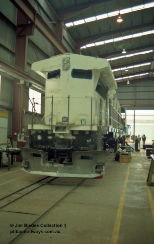 22662
Bassendean, during an Open Day at the Goninan workshops, a GE CM40-8M rebuild under way within the workshops, possibly 5635. 20th July 1991.
Jim Bisdee photo.
Keywords: Goninan;GE;CM40-8M;