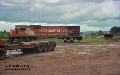 22708
Bassendean, Goninan workshops, Mt Newman Mining's AE Goodwin built ALCo model M636 5477 serial G6047-9 is undergoing rebuilding into a GE CM40-8M unit, it would emerge rebuilt in June 1993 as 5648.
Jim Bisdee photo.
Keywords: 5477;AE-Goodwin;ALCo;M636C;G6047-9;