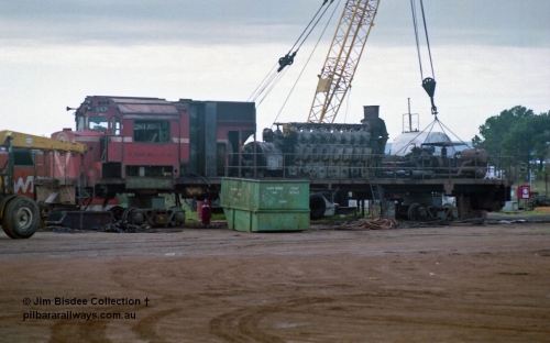 23904
Bassendean, Goninan workshops, Mt Newman Mining AE Goodwin built ALCo M636 unit, 5474 serial G6047-6 being stripped prior to rebuilding into CM40-8M 5655 in December 1993. July 1993.
Jim Bisdee photo.
Keywords: 5474;AE-Goodwin;ALCo;M636C;G6047-6;