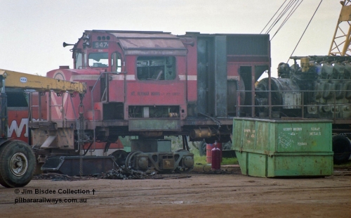 23906
Bassendean, Goninan workshops, Mt Newman Mining AE Goodwin built ALCo M636 unit, 5474 serial G6047-6 being stripped prior to rebuilding into CM40-8M 5655 in December 1993. July 1993.
Jim Bisdee photo.
Keywords: 5474;AE-Goodwin;ALCo;M636C;G6047-6;