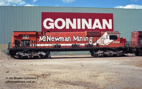 24901
Bassendean, Goninan workshops, Mt Newman Mining's Comeng NSW built ALCo M636 5504 serial C6104-2 sits out the back in a partially stripped state. This unit was subsequently scrapped. July 1995.
Jim Bisdee photo.
Keywords: 5504;Comeng-NSW;MLW-ALCo;M636;C6104-2;