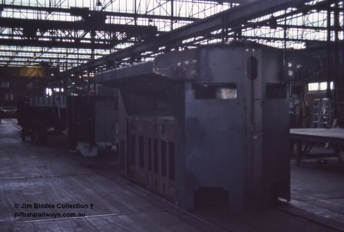 6982 001
Welshpool, Goninan Open Day 27th August, 1988. Radiator section and frame for new build CM39-8 unit 5633 in the early stages of assembly.
Jim Bisdee photo.
