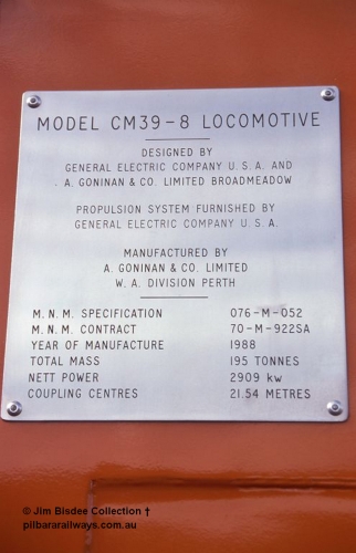 6994 001
Welshpool, Goninan Open Day 27th August, 1988. Builders Plate detail for Mt Newman Mining's Goninan new build GE CM39-8 model loco 5630 'Zeus' serial 5831-09 / 88-079.
Jim Bisdee photo.
Keywords: 5630;Goninan;GE;CM39-8;5831-09/88-079;