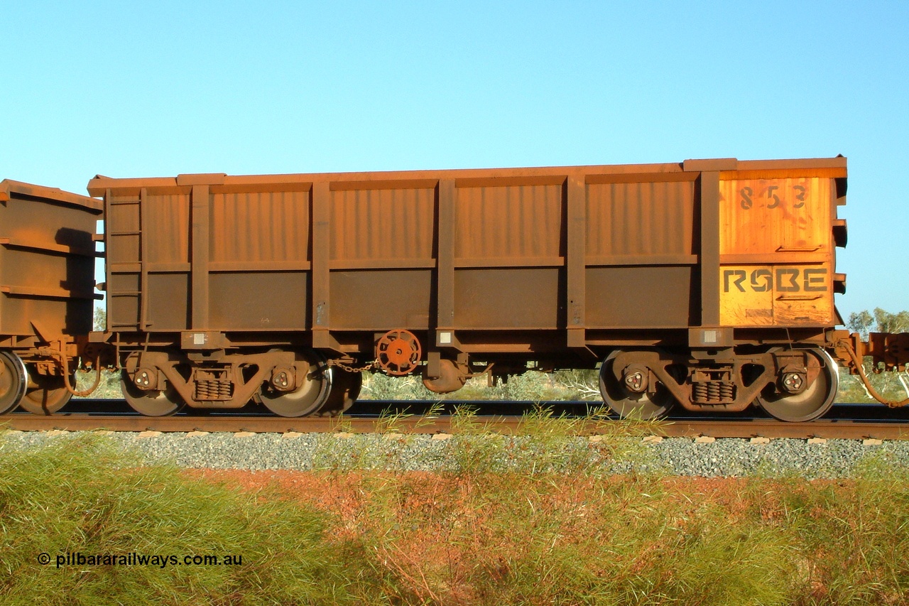 050110 175356r
Harding Siding, Robe River ore waggon 853 built by Centurion Industries WA in 1992 is a standard Robe River pattern 'J Car' used exclusively on the Robe Valley line between Cape Lambert and Mesa J or A mine loadouts. Monday 10th January 2005.
Keywords: 853;Centurion-Industries-WA;J-series;